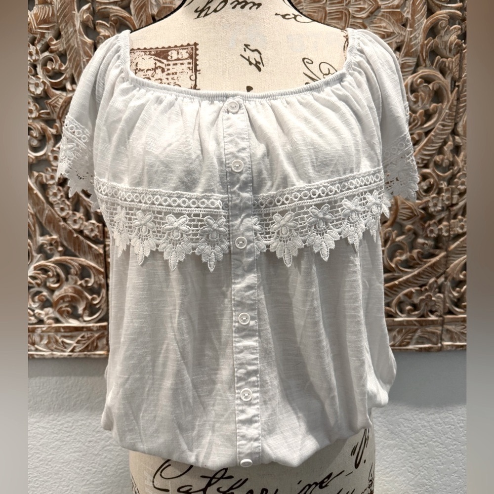 Paper Tee White Boho Off Shoulder Blouse- size L